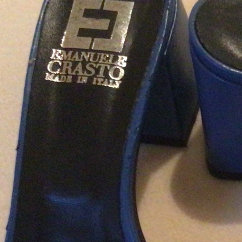 Leather Cobalt blue slides with block heel with laser cuts.
